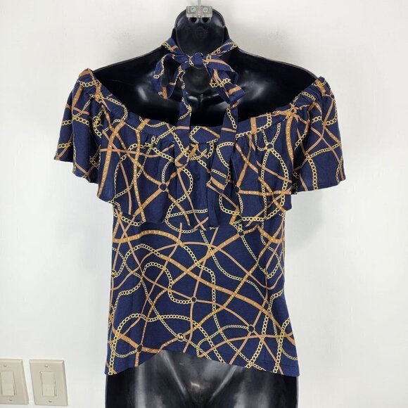 MICHAEL Michael Kors NWT Flounce Halter Neck Blouse XS Blue Equestrian Chain - Picture 3 of 7